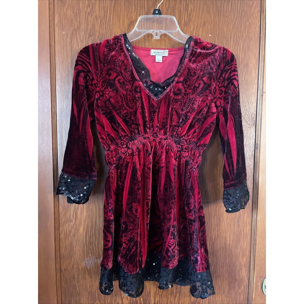 One World Large Velvety Sequin Lace Long Sleeve Boho Red Black Print Dress XS